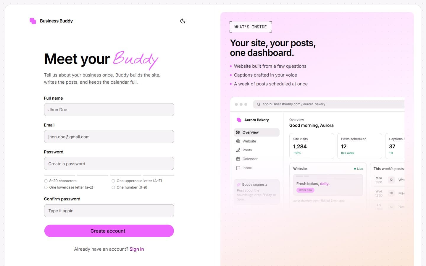 The redesigned sign-up page: a four-field form with live password rules, beside a preview of the dashboard