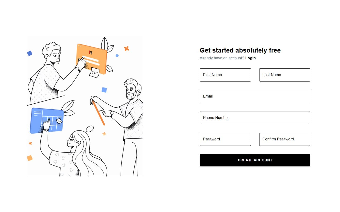 The original sign-up page: an illustration on the left and a six-field form on the right
