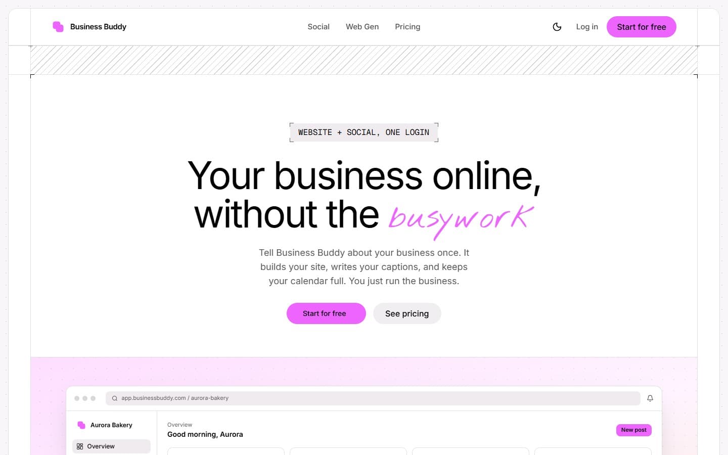 The redesigned Business Buddy landing page: headline, two calls to action, and the top of a product preview