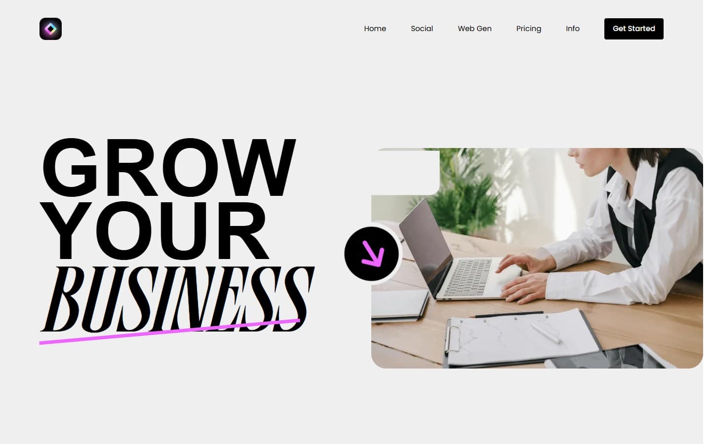 The original Business Buddy landing page: a 'Grow your business' headline beside a stock photo of someone at a laptop