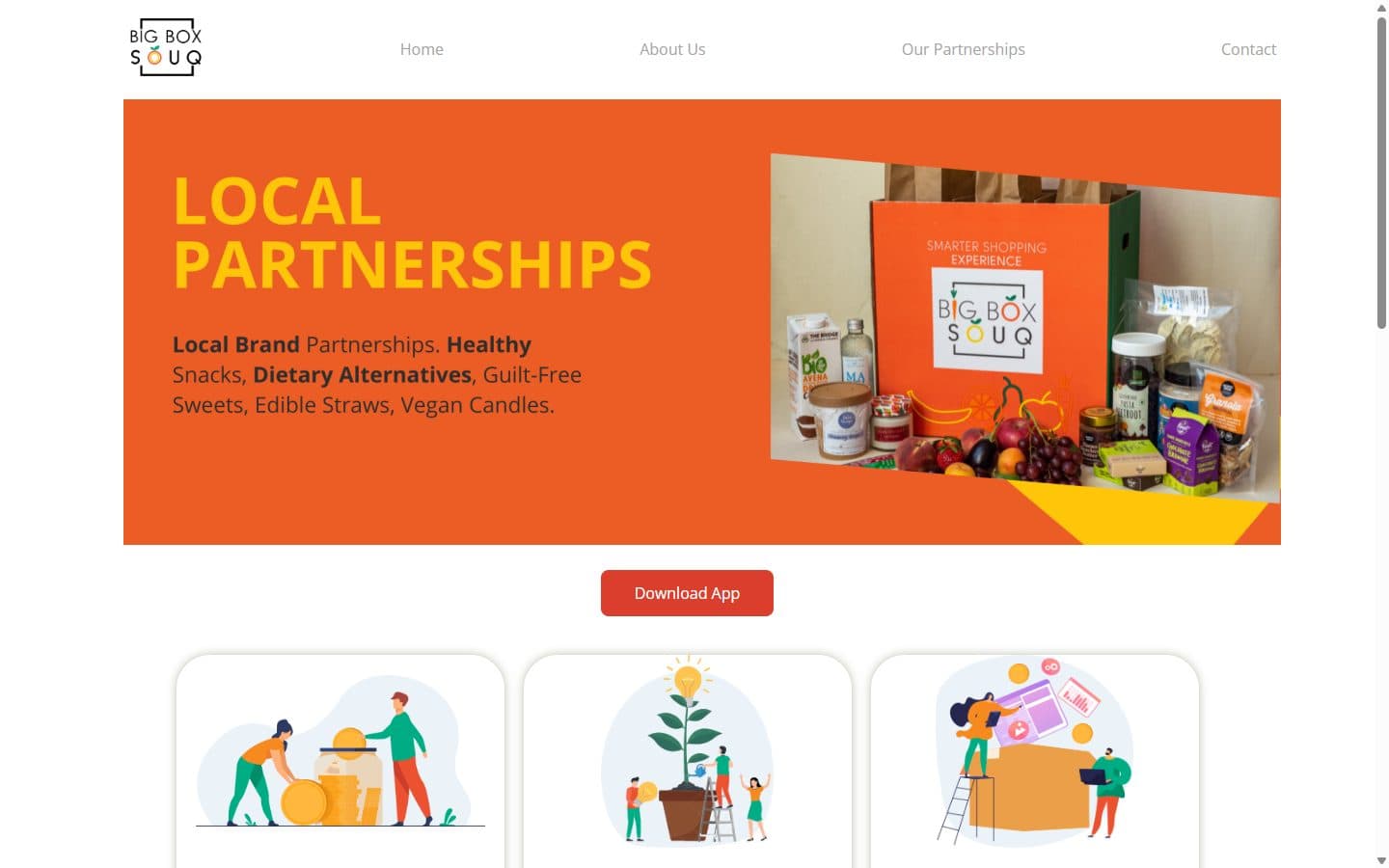 The Big Box Souq clone: an orange 'Local partnerships' banner beside a photo of a grocery box