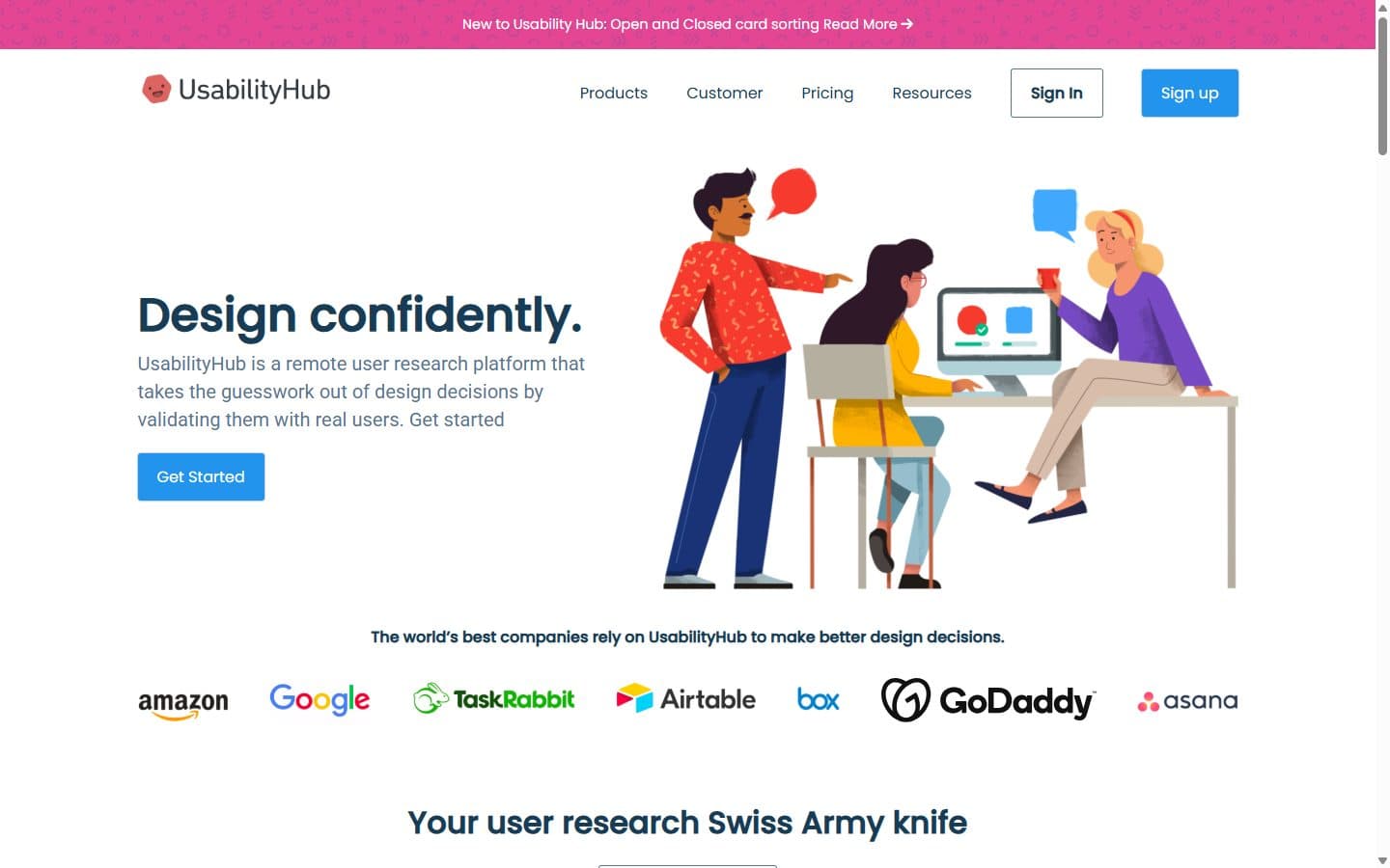 The UsabilityHub clone: a 'Design confidently.' headline beside an illustration of three people at a desk