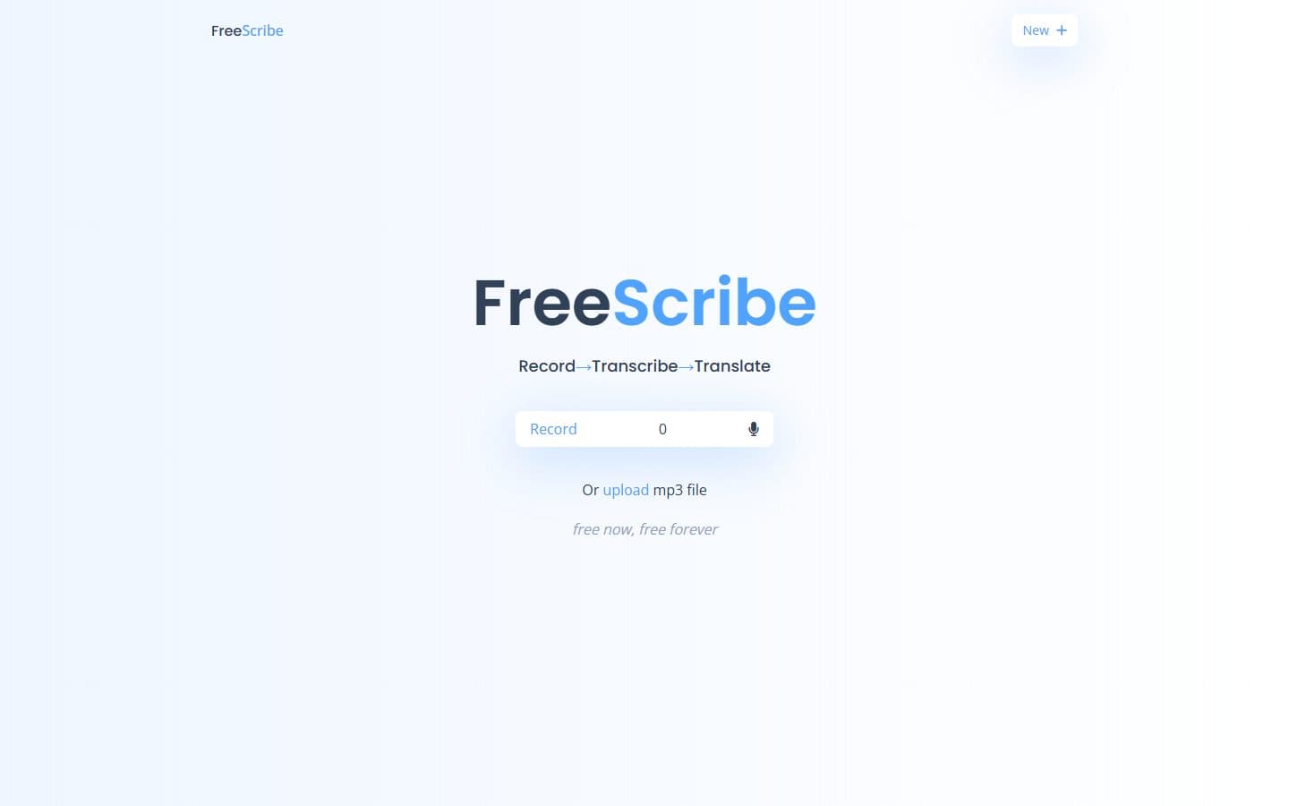 Free Scribe's home screen: a record button and an option to upload an mp3 file